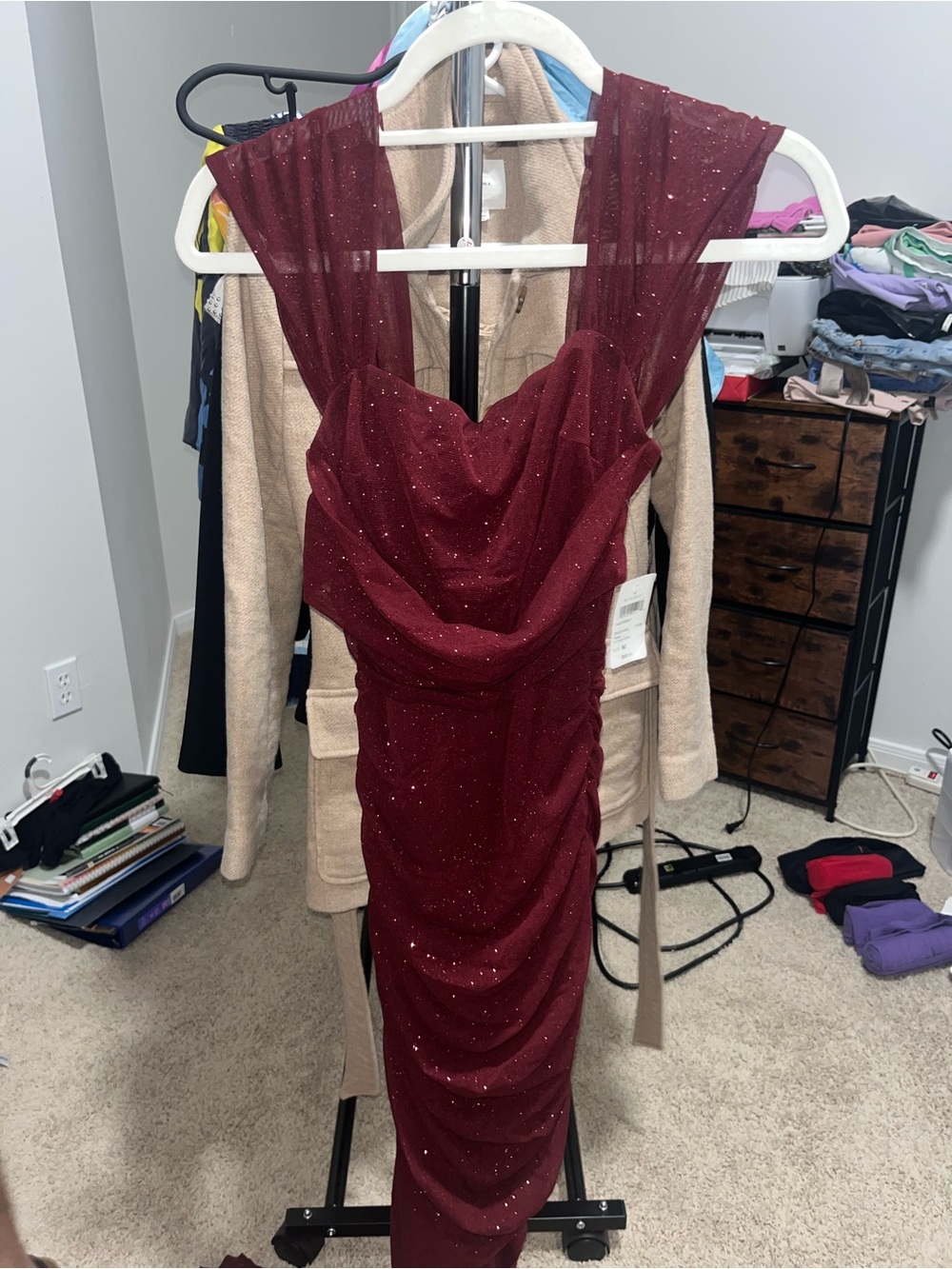 Windsor Burgundy Sparkle Ruched Evening Midi Dress